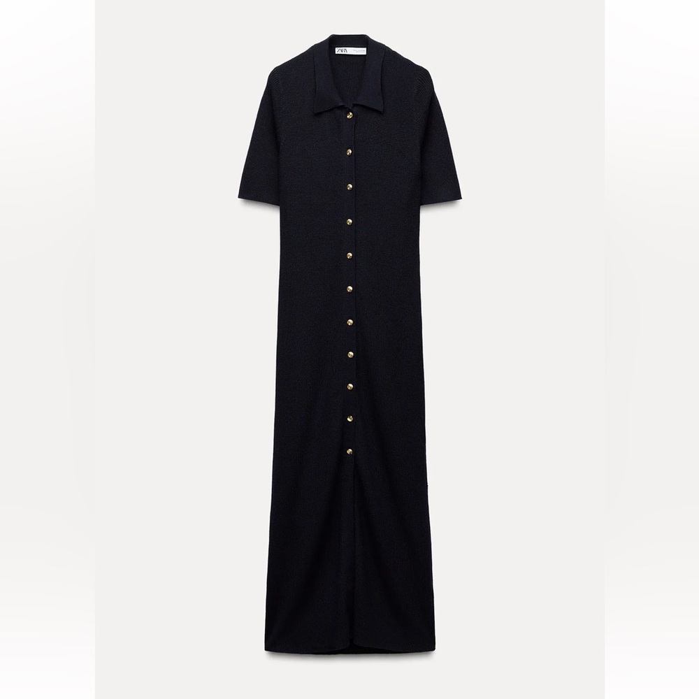 Zara Navy Button-Front Collar Midi Dress with Gold Buttons Sz M